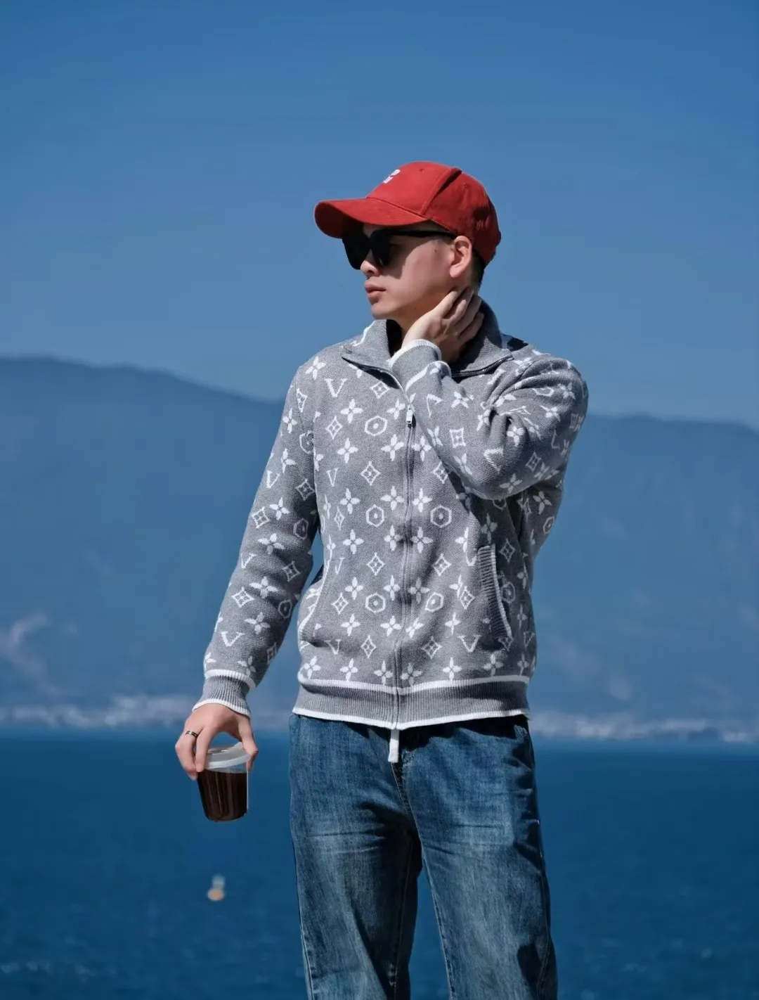 Louis Vuitton/Louis Vuitton all-over printed old flower logo jacquard zipper sweater jacket